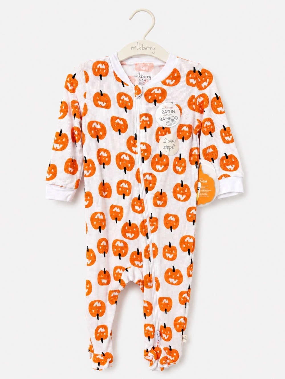Milkberry Orange Halloween Pumpkin 2Piece Set Zipper Footie & Hat Rayon Bamboo